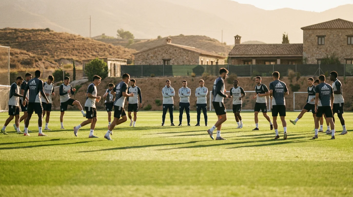 Jugadores de fútbol entrenando en un campo de césped
