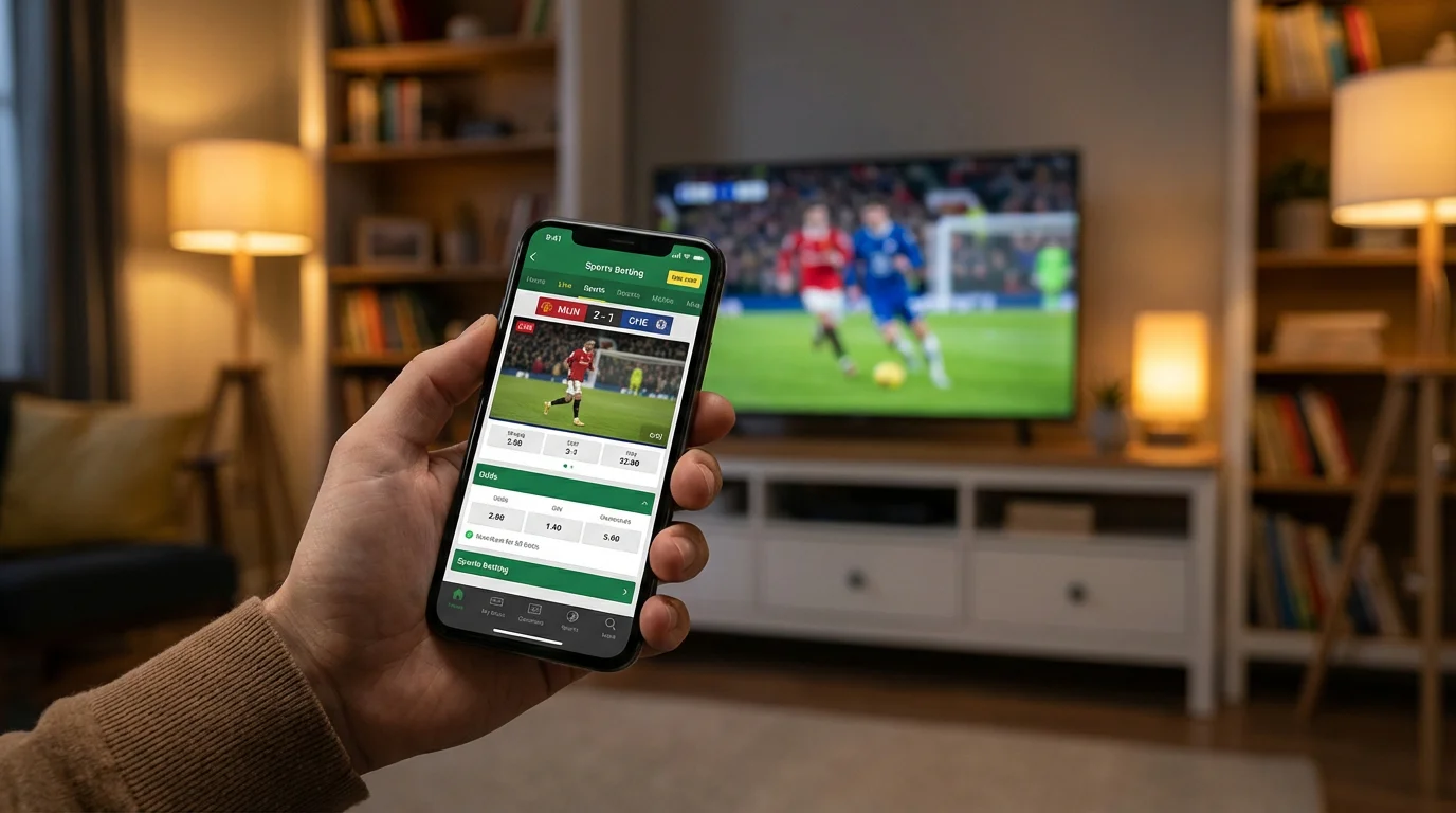 Smartphone mostrando una aplicación de apuestas deportivas con partido de fútbol