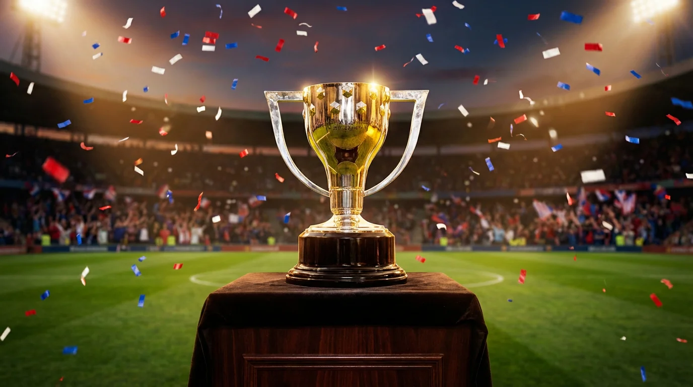 Trofeo de LaLiga sobre pedestal con confeti cayendo