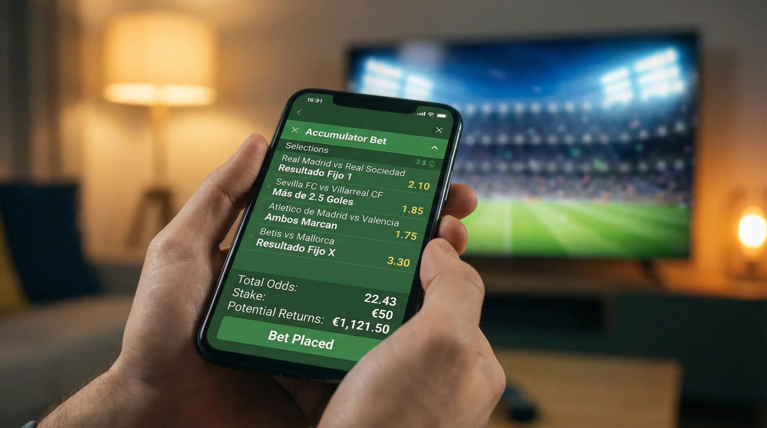 Boleto de apuestas múltiples con varios partidos de fútbol seleccionados