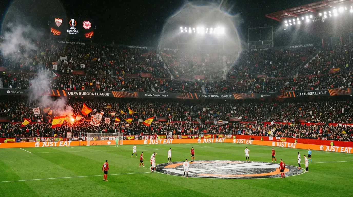 Partido de Europa League con un equipo español jugando en estadio europeo