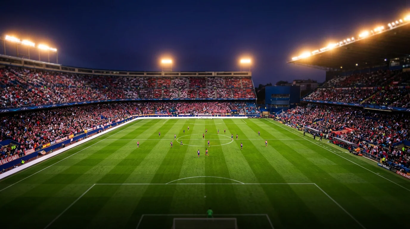 Estadio de fútbol de LaLiga iluminado durante un partido nocturno con aficionados en las gradas
