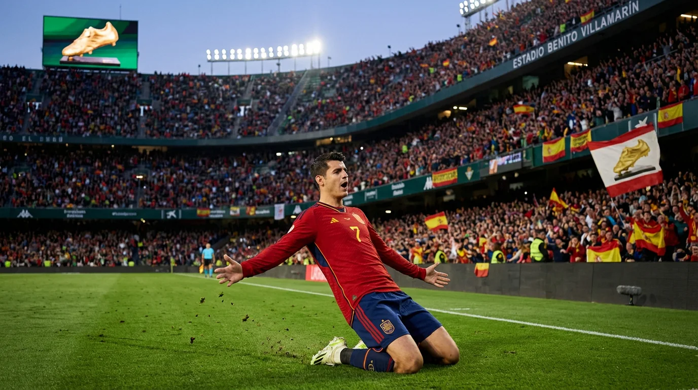 Delantero de fútbol celebrando un gol en un estadio de LaLiga