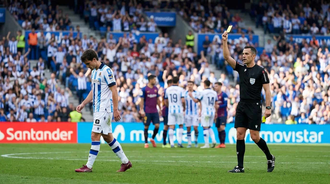 Árbitro de fútbol mostrando una tarjeta amarilla durante un partido