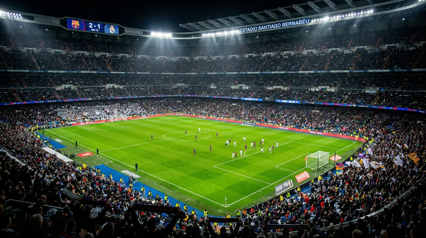 Partido de fútbol en directo con aficionados en el estadio viendo el juego