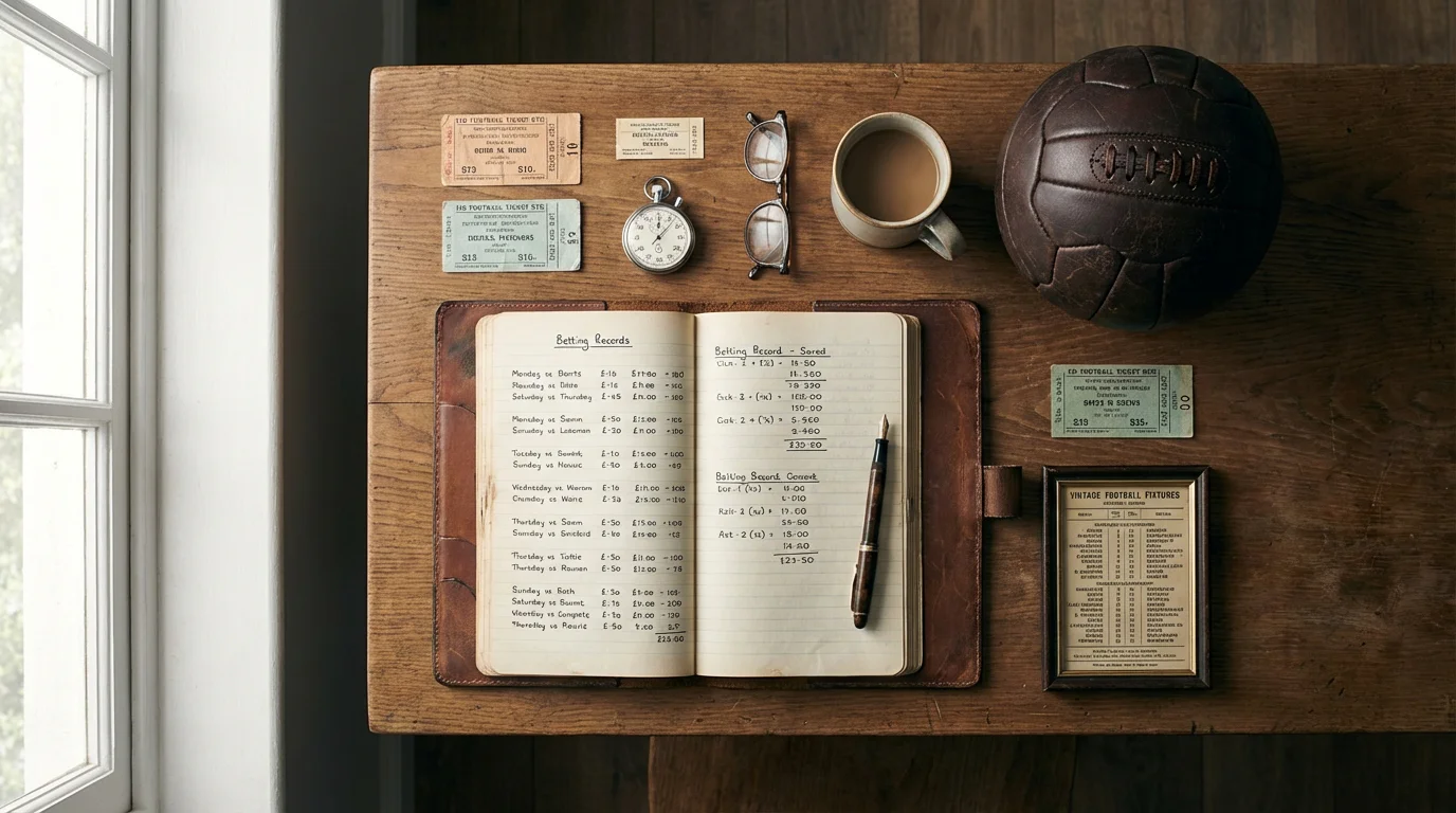 Libreta con anotaciones de gestión de apuestas junto a un balón de fútbol