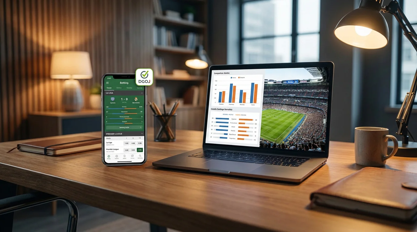 Comparativa de operadores de apuestas con licencia DGOJ mostrando logos y estadio de fútbol español