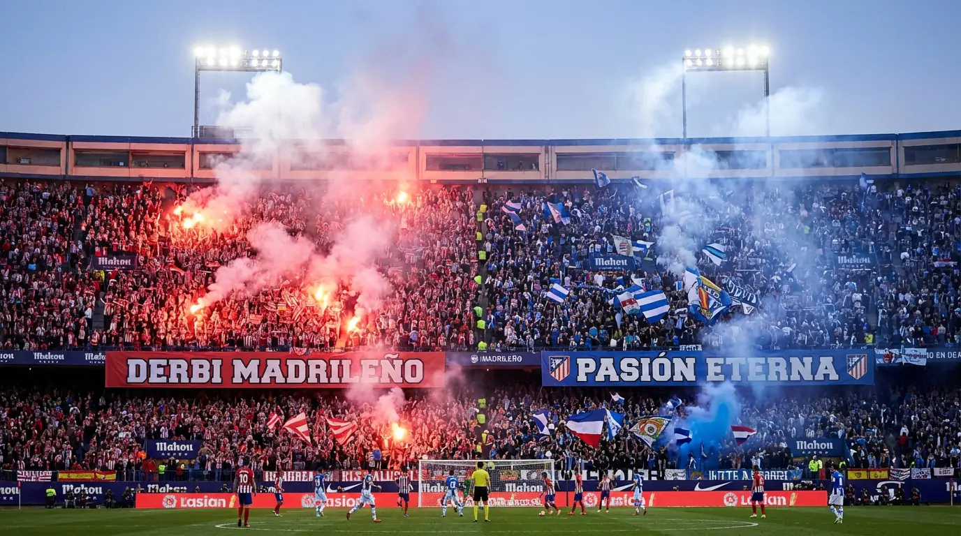 Ambiente de derbi en un estadio de fútbol español con las dos aficiones enfrentadas