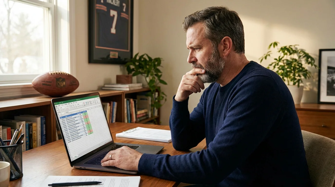 Persona pensativa analizando resultados de apuestas en un portátil