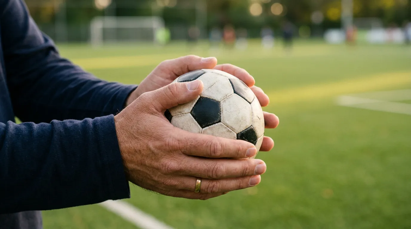 Simbolos de juego responsable con manos protectoras y balón de fútbol representando control en apuestas