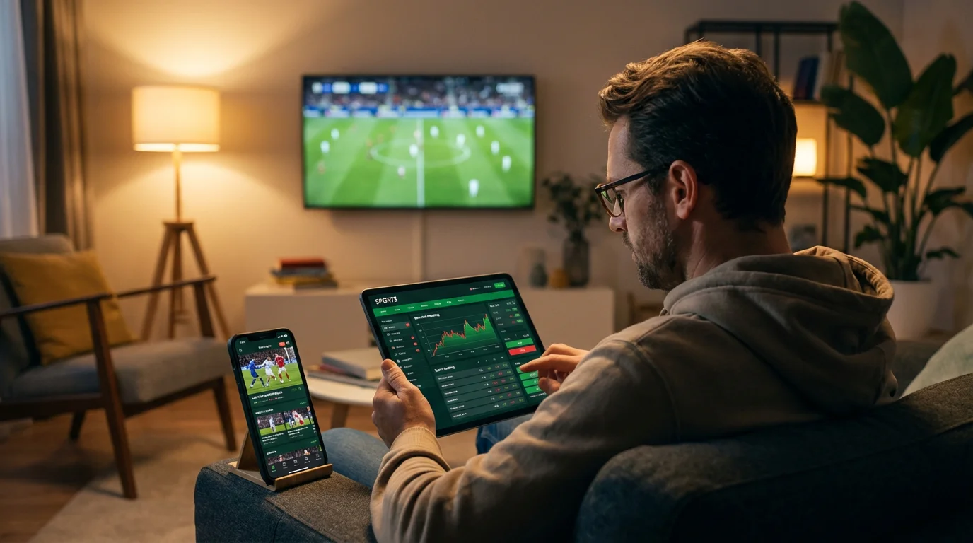 Persona viendo un partido de fútbol en móvil mientras consulta apuestas