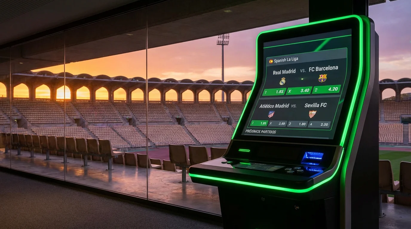 Pantalla de apuestas deportivas mostrando mercados de LaLiga con estadio de fútbol de fondo