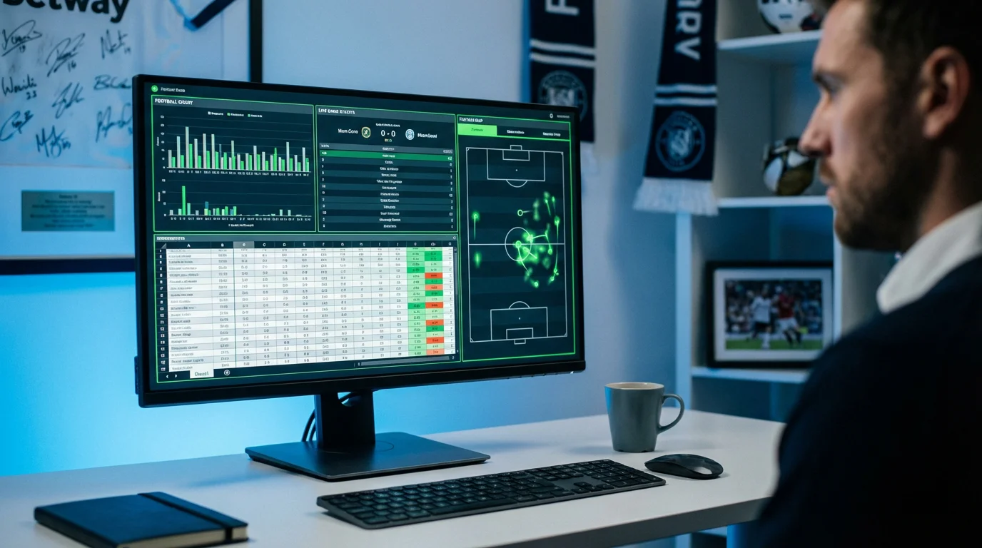 Analista revisando estadísticas de fútbol en pantalla de ordenador